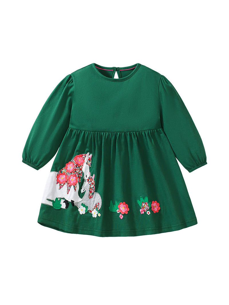 Arrival Autumn Girls Cartoon Floral Horse Crew Neck Long Sleeves Green Princess Dress