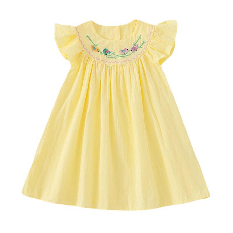 Summer Baby Kids Girls Sleeveless Birds Embroidery Yellow Dress