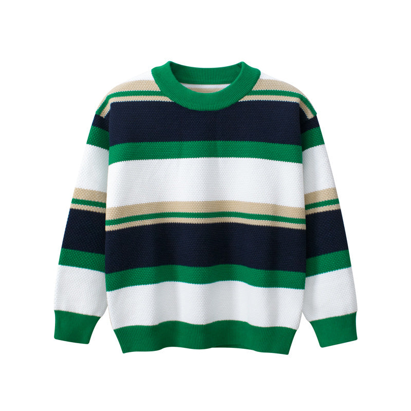 Children Green Striped Graphic Korean Style Pullover Knitwear Sweater