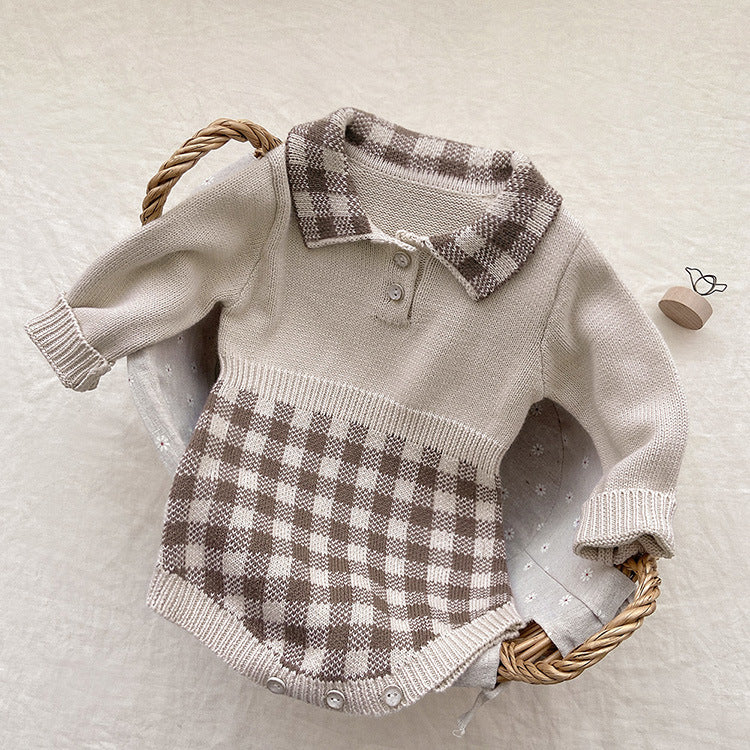 Baby Checkerboard Pattern Polo Neck Knit Warm Onesies