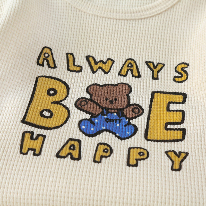 Baby Cartoon Bear & Slogan Pattern Waffle Fabric Tops Combo Solid Shorts 1-Piece Sets