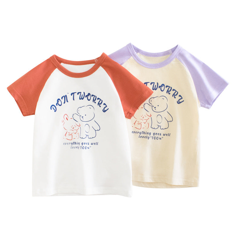 Baby Print Pattern Colorblock Design O-Neck Tee