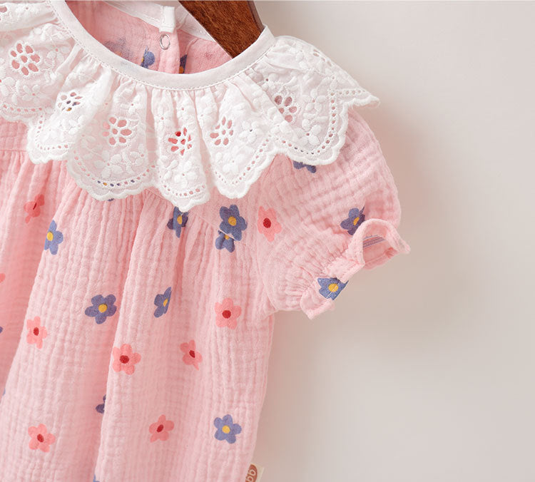 Baby Girl Floral Print Ruffles Collar Short-Sleeved Onesies