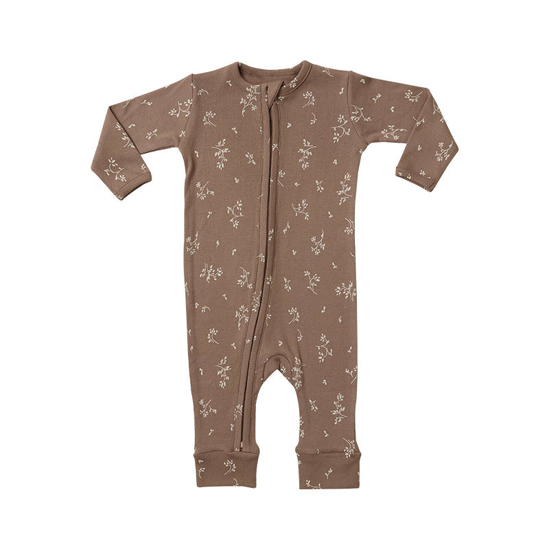 Baby Dinosaur & Floral Print Pattern Zipper Front Design Jumpsuit