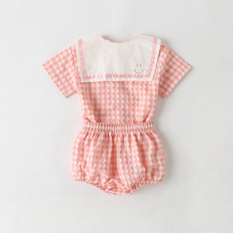 Baby Girl 1pcs Plaid Pattern Contrast Tape Lapel Design Combo Shorts Sets