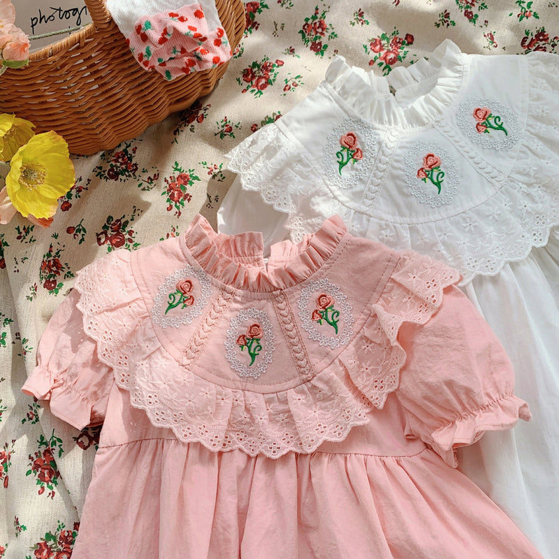 Baby Girl Solid Color Embroidered Pattern Loose Dress