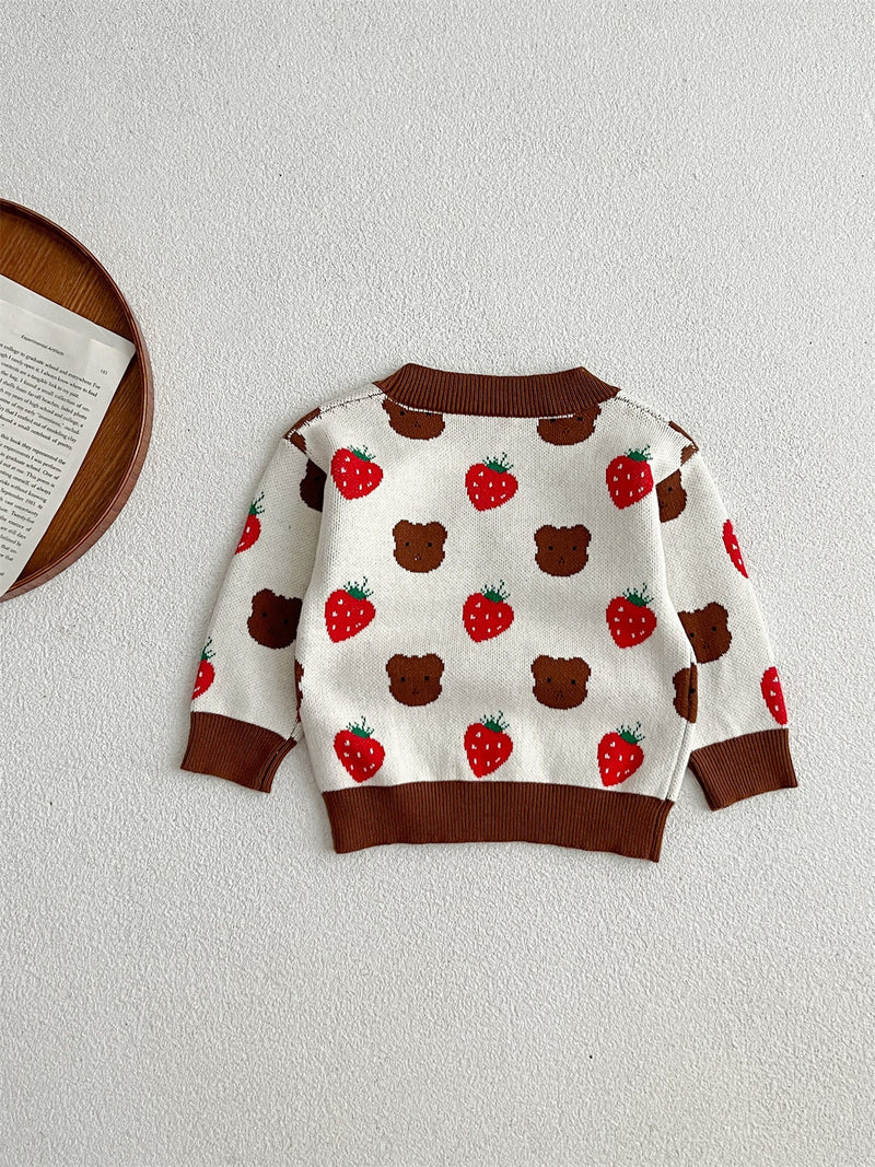 Baby Girls Cute Strawberry Combo Little Bear Head Long-Sleeved Cardigan