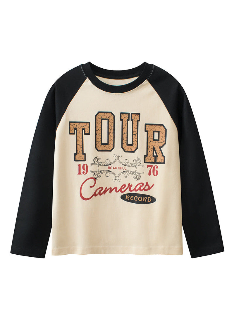 Arrival Kids Letters Print Crew Neck Long Sleeves Color Patchwork Sweatshirt