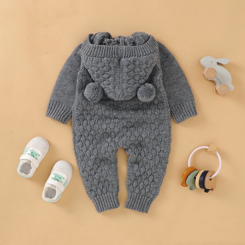 Baby 1pcs Cable Knitted Graphic Button Front Design Rompers With Hairball Patched Hat