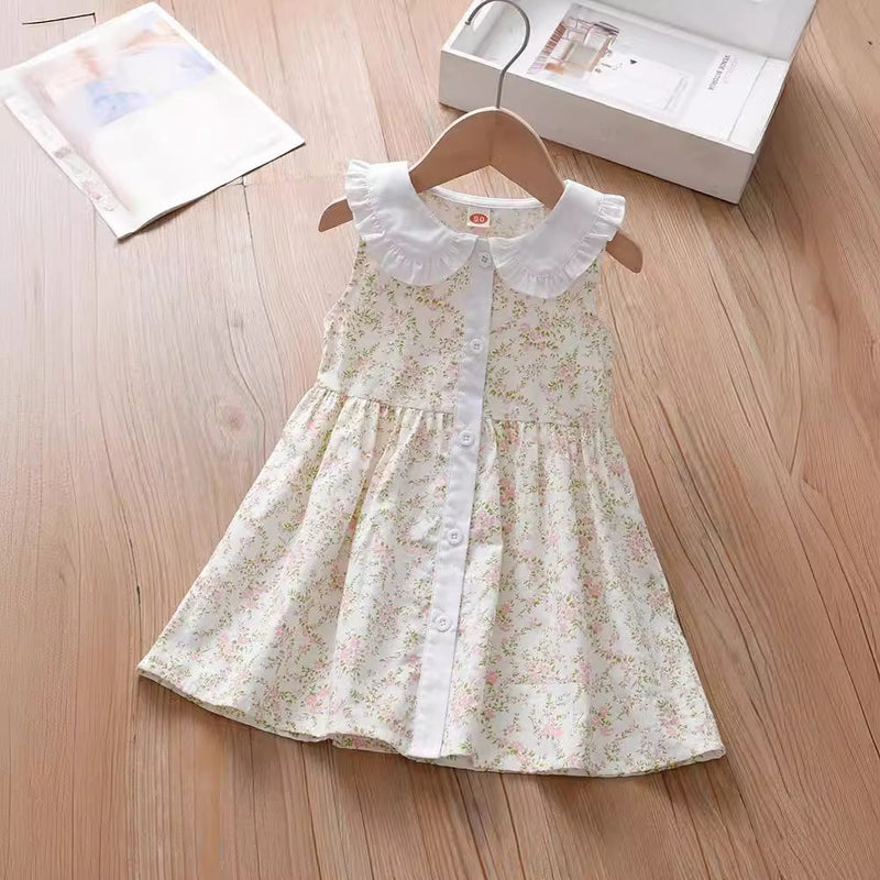 Summer Baby Kids Girls Sleeveless Single Breasted Simple Floral Print Princess Dress