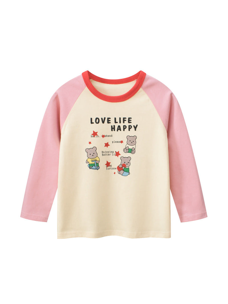 Autumn New Arrival Kids Girls Cartoon Print Crew Neck Long Sleeves Color Patchwork Shirt