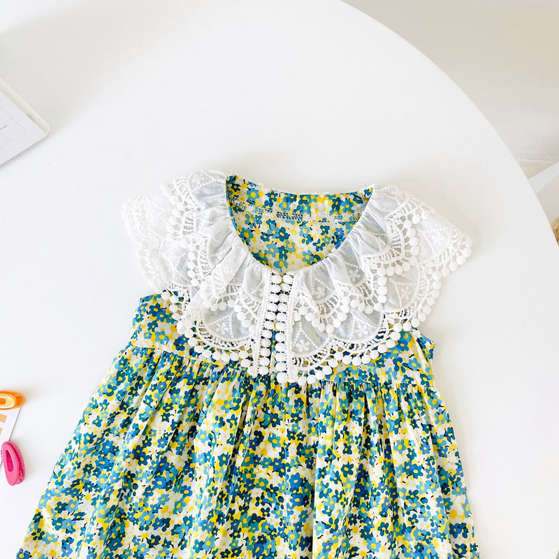 Baby Girl Floral Print Lace Patchwork Design O-Neck Dress