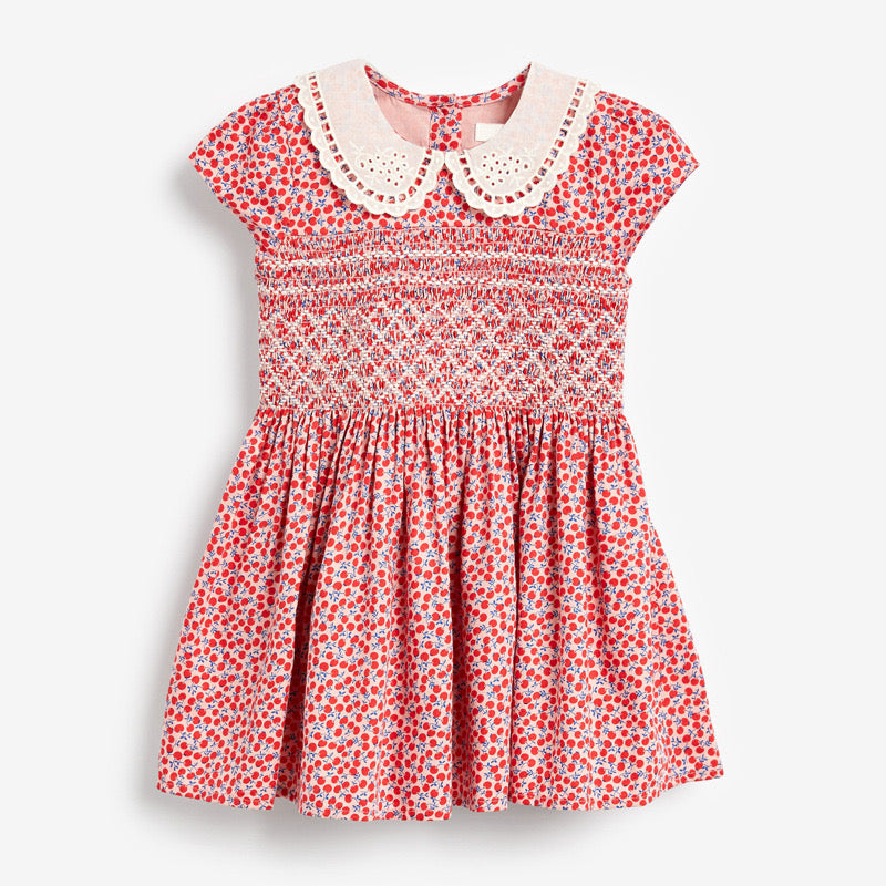 Baby Girl Ditsy Flower Print Hollow Carved Neck Knitted Waist Dress