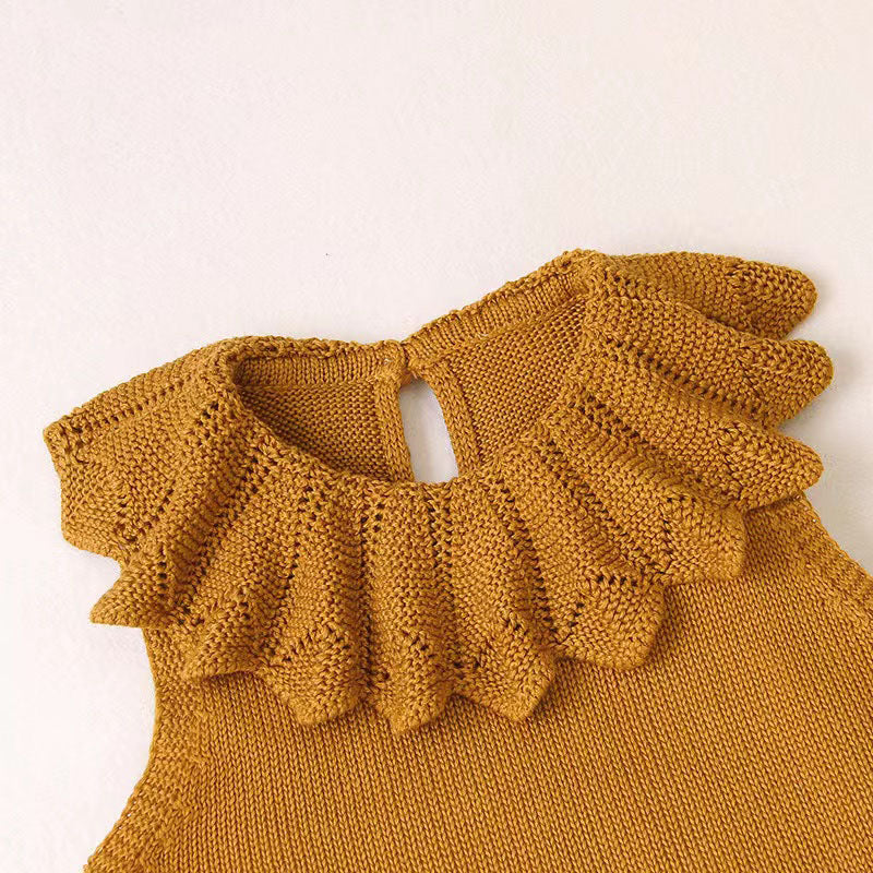 Baby Girl 1pcs Ruffle Neck Solid Color Sleeveless Crotch Design Knitted Rompers