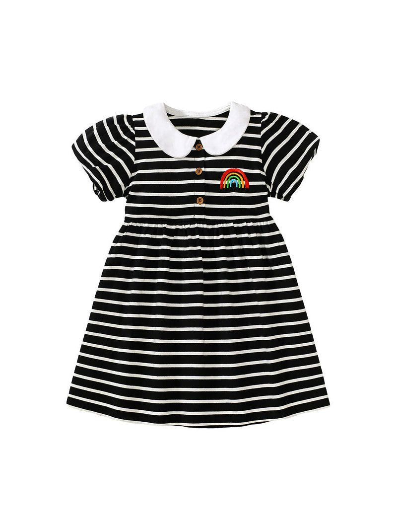 Baby Girls Peter Pan Collar Short Sleeves Striped Rainbow Logo Dress