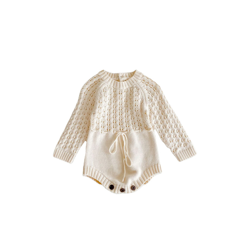 Baby Girl 1pcs Hollow Carved Hand Knitted Fabric Belted Waist Long Sleeve Crotch Onesies