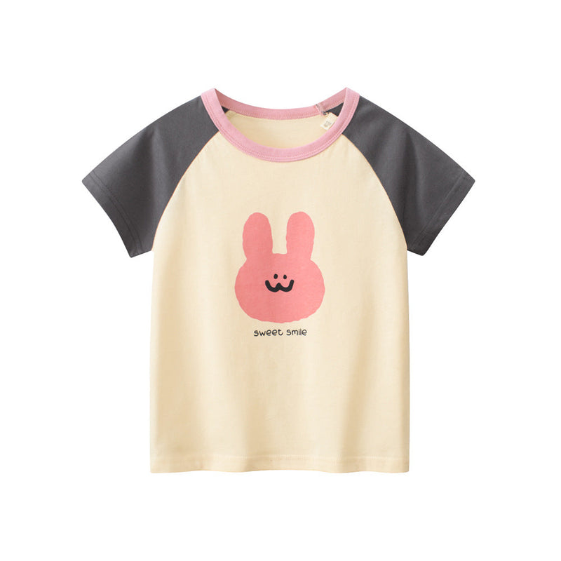 Rabbit Sweet Smile Print Girls’ Patchwork T-Shirt In European And American Style For Summer