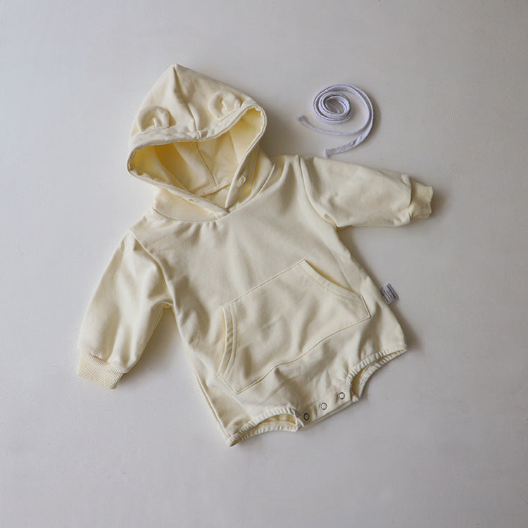 Baby 1pcs Solid Color 3D Bear Ears Patched Design Hoodie Triangle Cotton Bodysuit Onesies