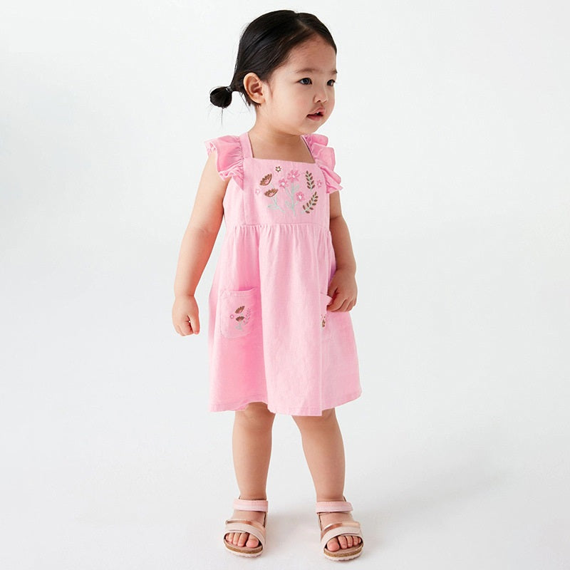 Baby Kids Girls Pink Square Neck Floral Embroidered Fly Sleeves Strap Dress