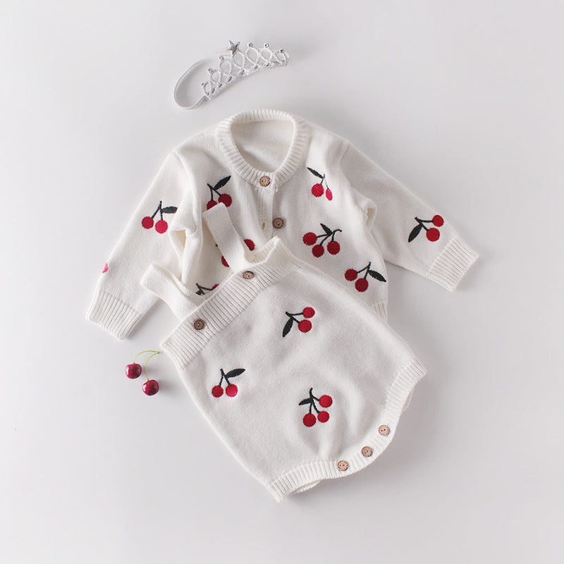 Baby Girl 1pc Cherry Embroidered Graphic Crotch Knitted Bodysuit & Button Front Sweater Coat Sets