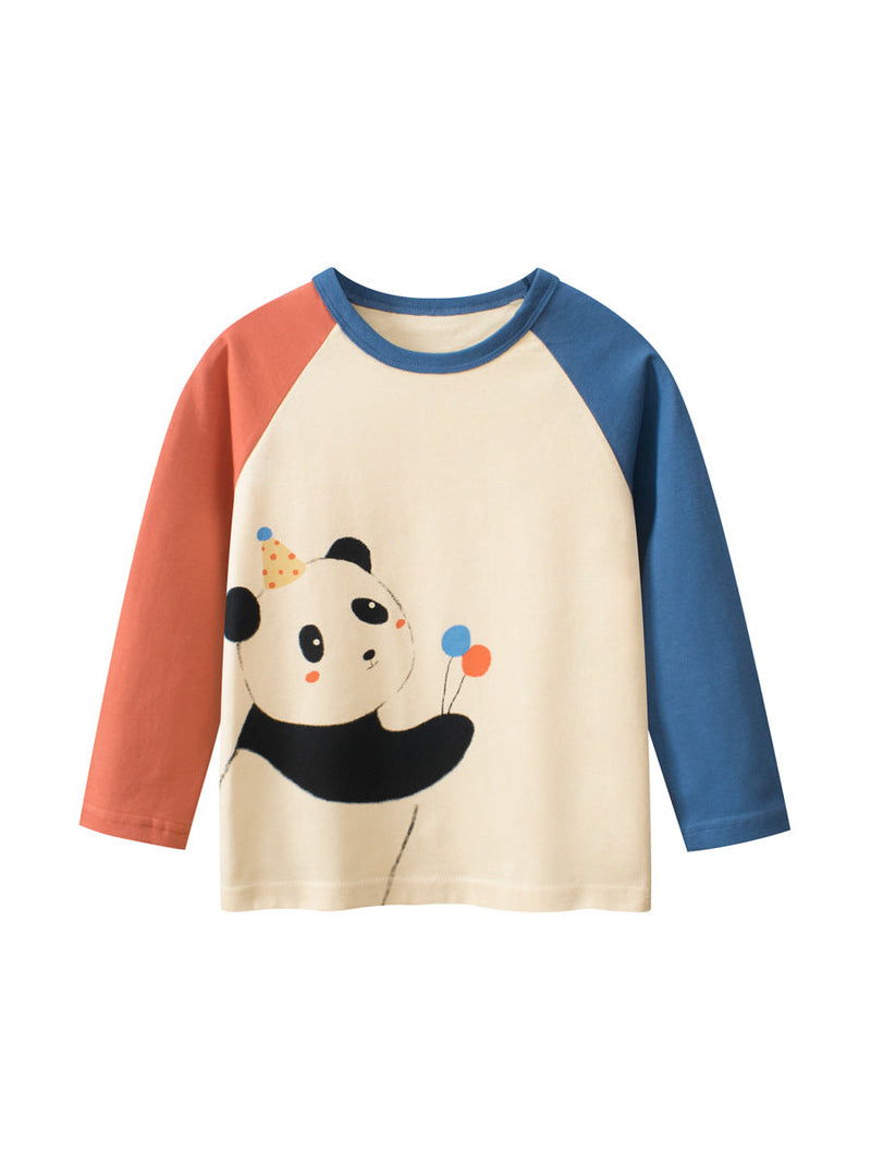 Autumn Baby Boys Cartoon Panda Color Patchwork Long Sleeves Crew Neck Base Top Shirt