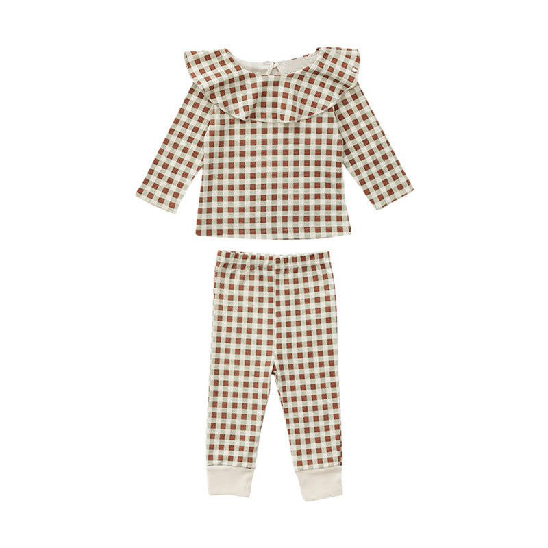 Baby Cartoon & Plaid Pattern Ruffle Neck Design Long Sleeve Sets