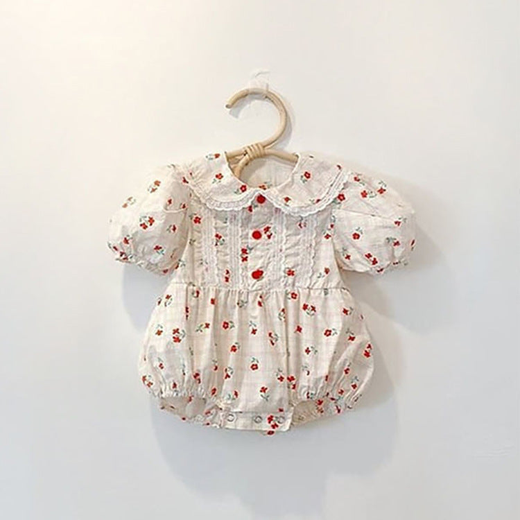 Baby Girl Floral Print Lace Patchwork Design Doll-Collar Onesies