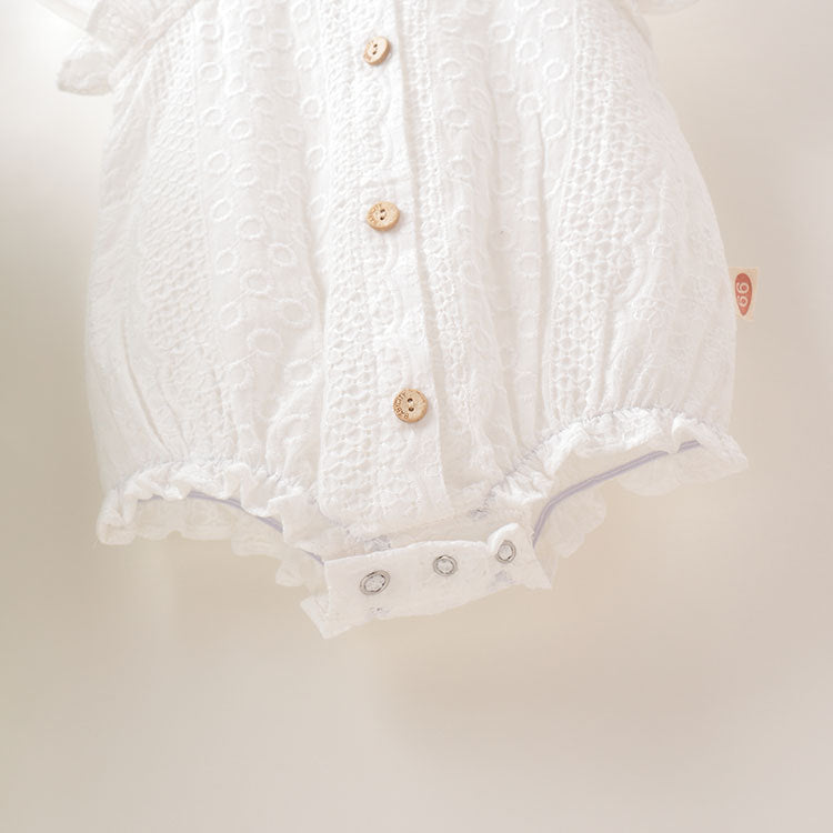 Baby Girl Lace Jacquard Design Solid Color With Lace Innocent And Lovely Onesies In Summer