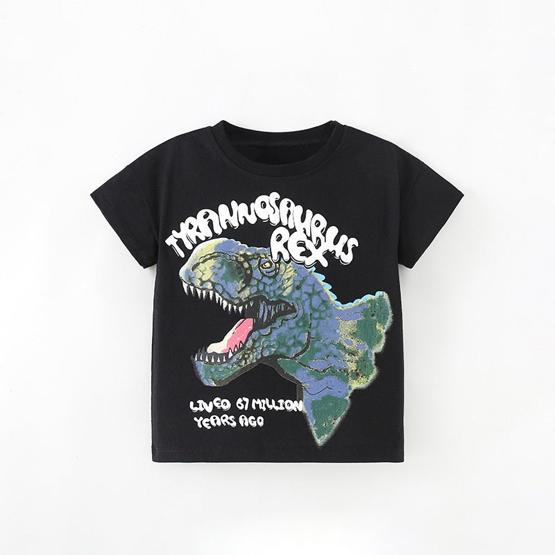 Summer Boys’ Fierce Cartoon Dinosaur Print Short Sleeves T-Shirt In European And American Style For Summer