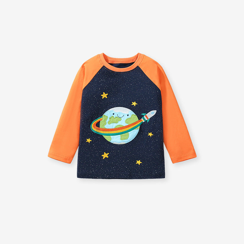 Arrival Autumn Kids’ Rocket And Universe Cartoon Pattern Appliqué Embroidery Long Sleeves T-Shirt In European And American Style