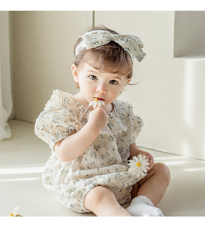 Baby Girl Flower Pattern Flying Sleeves Onesies & Clothing Sets With Headband