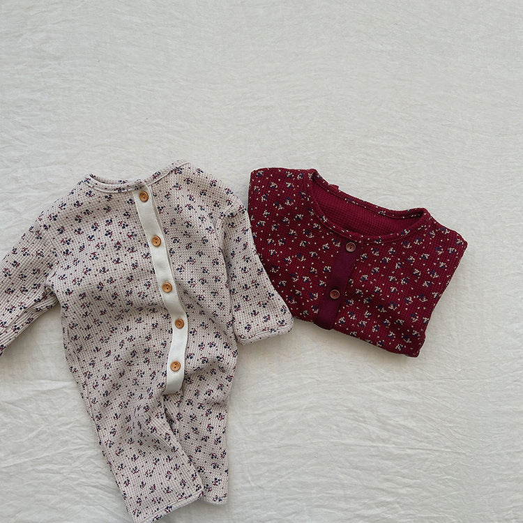 Baby Ditsy Flower Pattern Full Button Design Waffle Knit Rompers