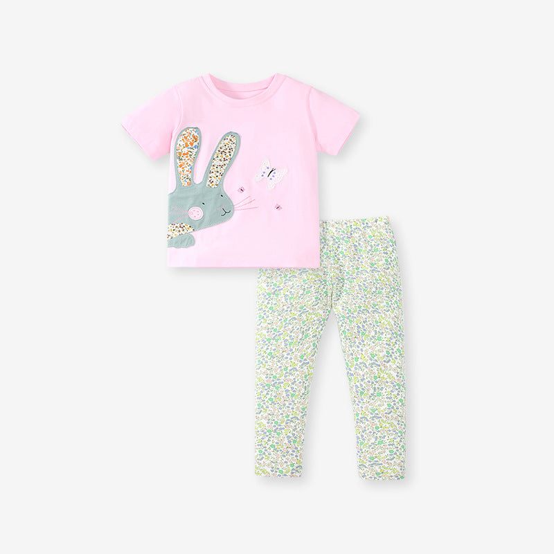 Baby Girls Kids Floral Rabbit Cartoon Pattern T-Shirt And Pants Two-Piece Set