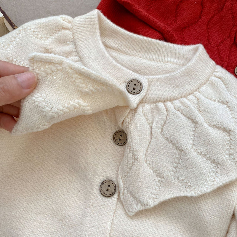 Baby Girl Solid Color Lapel Design Knit Cardigan