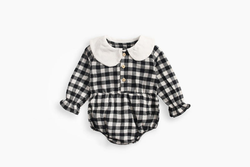 Baby Girl Plaid Pattern Doll Collar Design Long Sleeve Onesies With Buttons