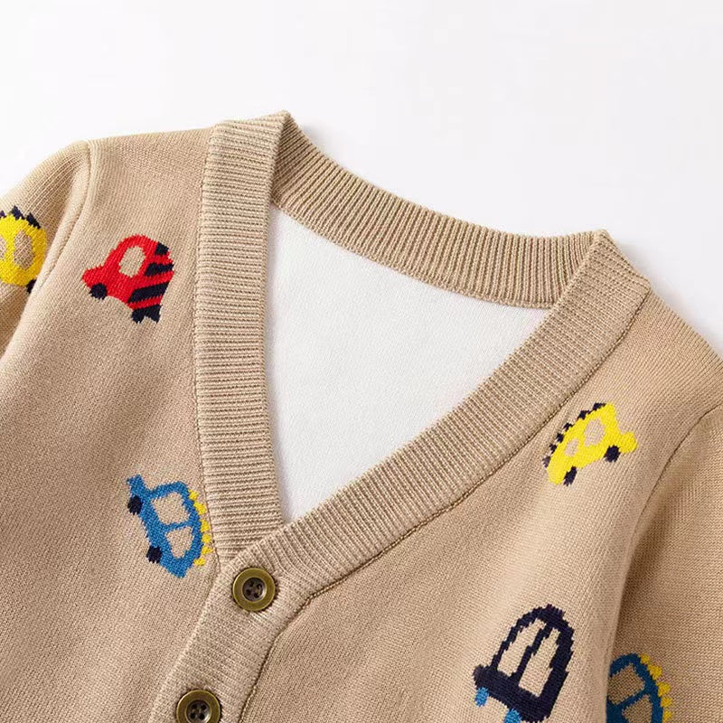 Kid Boys Car Pattern V-Collar Cardigan