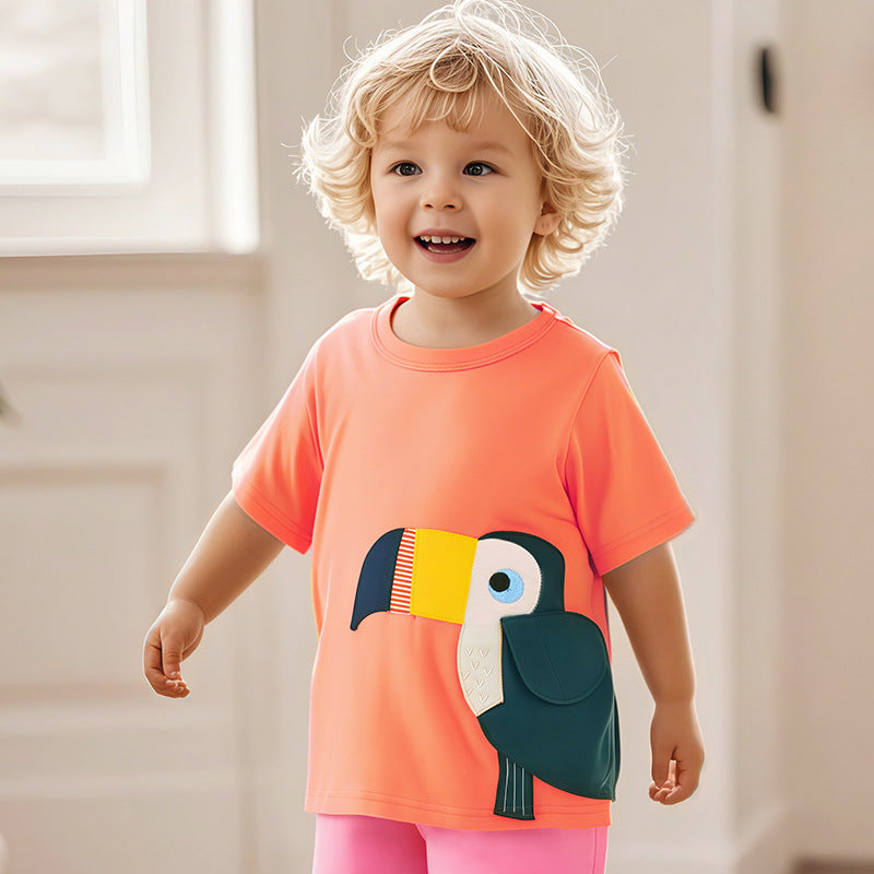 Kids’ Birds Cartoon Pattern Short Sleeves T-shirt in European and American Style for Summer