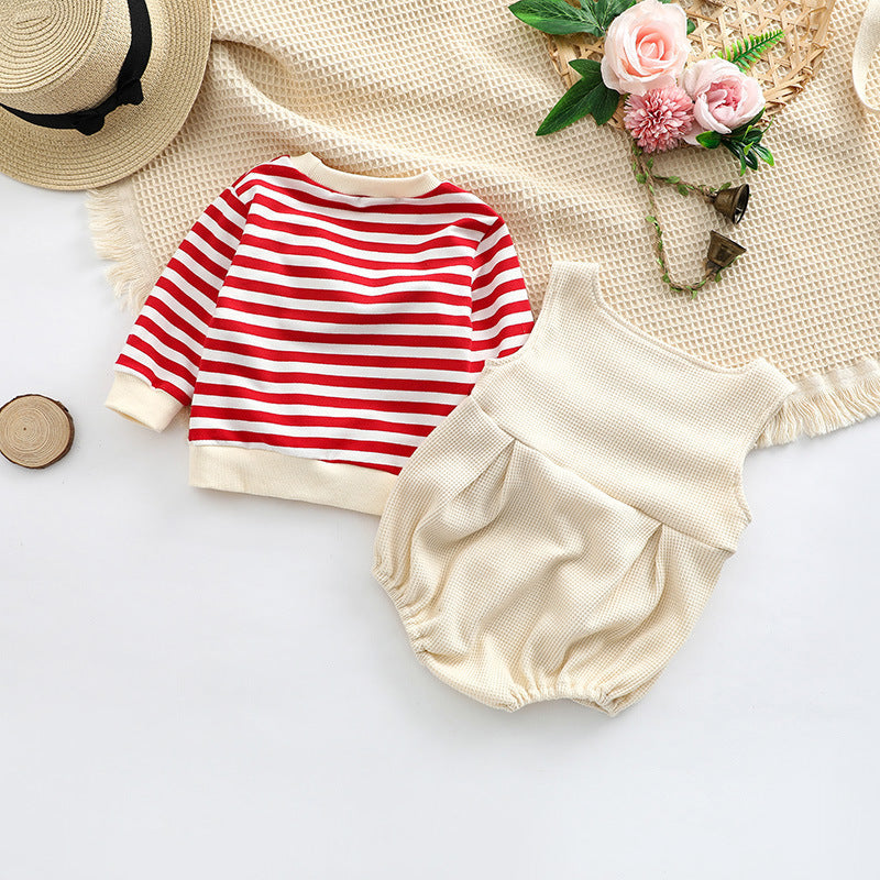 Baby Striped Pattern Shirt Combo Cartoon Graphic Corduroy Fabric Strap Onesies Sets