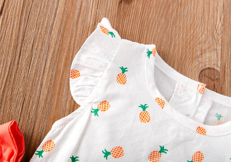 Baby Girl Fruit Print Drawstring Design Round Neck Onesies