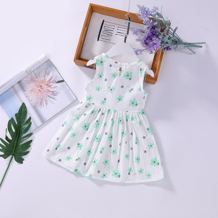 Baby Girls Floral Print Sleeveless Round Collar Dress In Summer