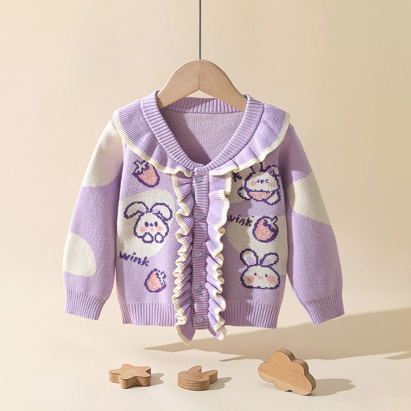 Baby Girl Flower Graphic Mesh Design V-Neck Knit Cardigan