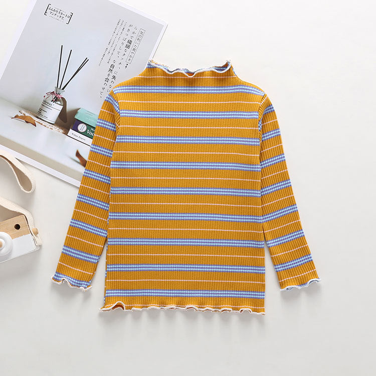 Striped Pattern Wooden Ear Edge Design Round Neck Long Sleeve Bottoming Spring Autumn Shirt