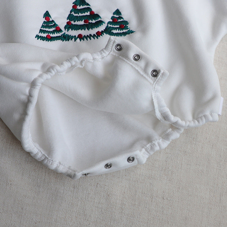 Baby Christmas Tree Embroidered Pattern Long Sleeve Fleece Winter Onesies