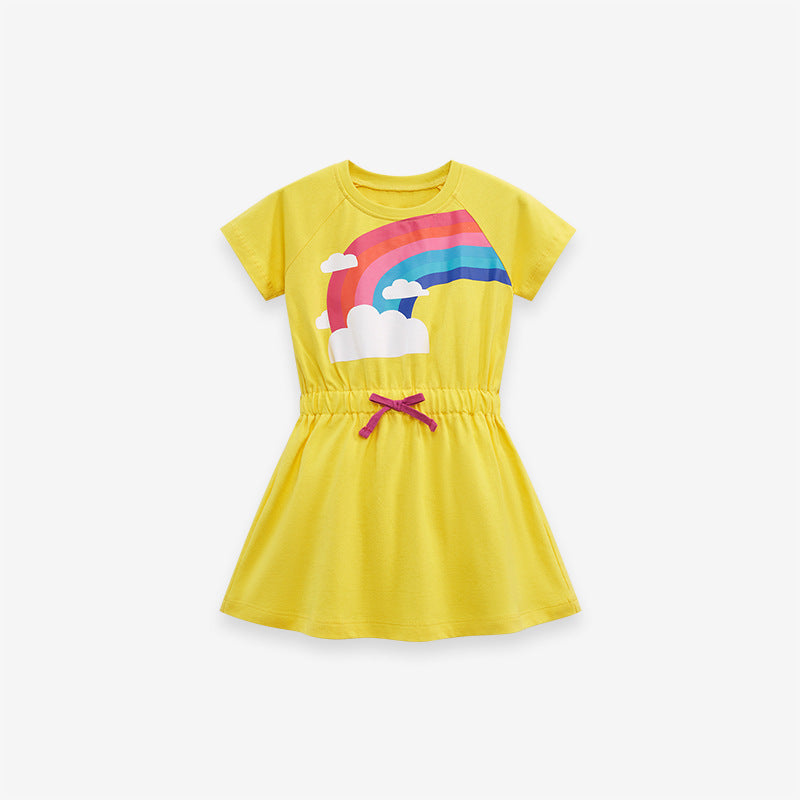 Baby Kids Girls Crew Neck Rainbow Clouds Print Short Sleeves Dress