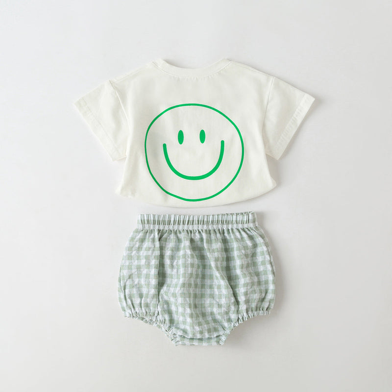 Baby Smiley Print Pattern Solid Tee Combo Plaid Pattern Triangle Shorts Sets