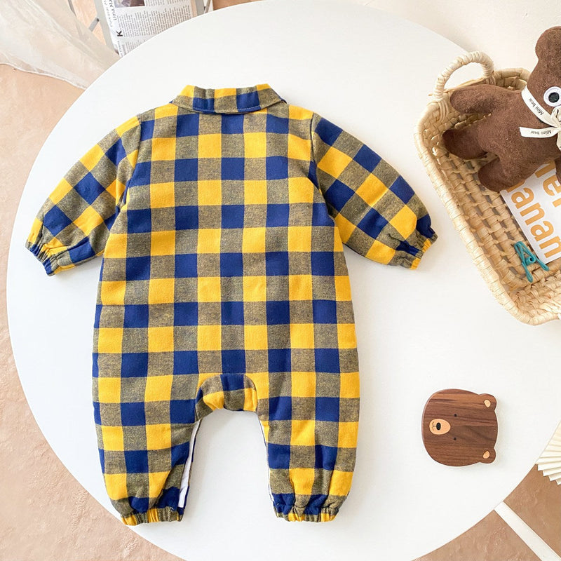 Baby Boy Plaid Pattern Snap Button Front Long-sleeved Thick Rompers