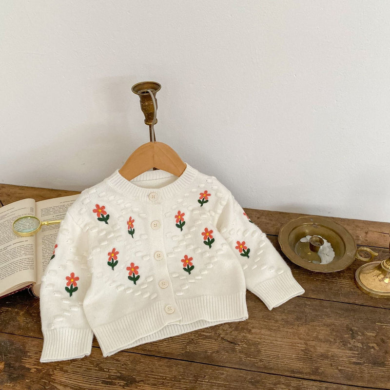 Baby Girl Flower Embroidered Pattern Thickened Knit Single Breasted Design Cardigan