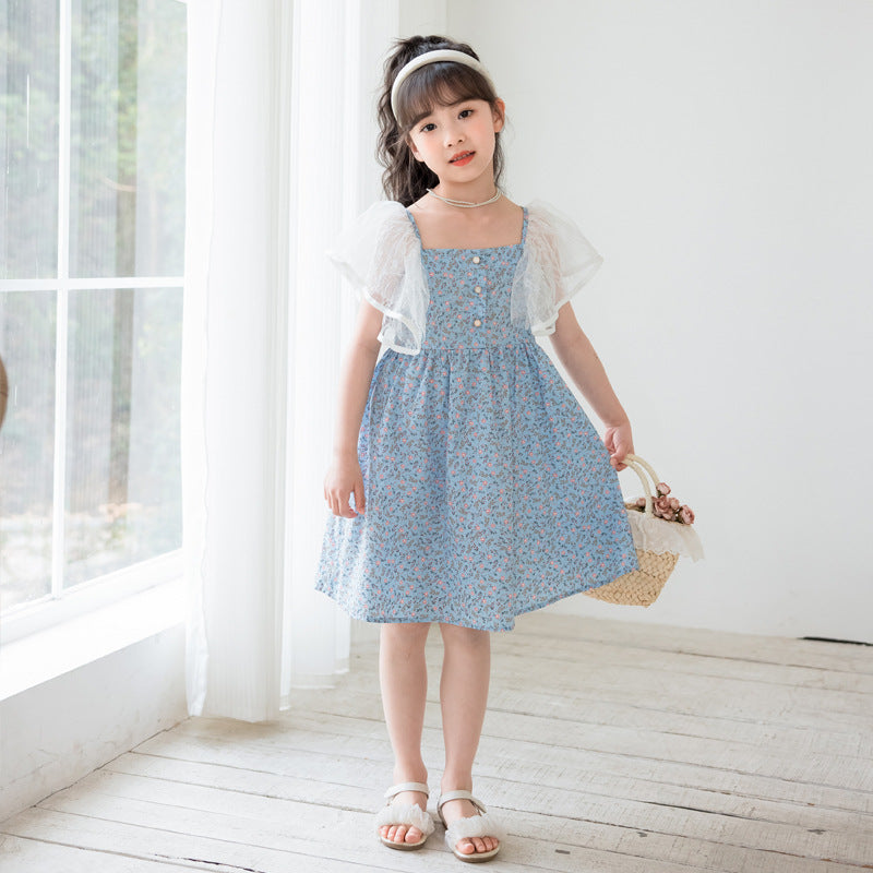 Ditsy Flower Pattern Mesh Flying Sleeves Dress