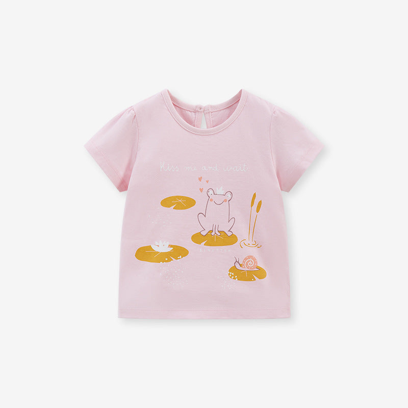 Cute Knit Round Neck Animals On Lotus Leaves Printing Girls’ T-Shirt In European And American Style For Summer