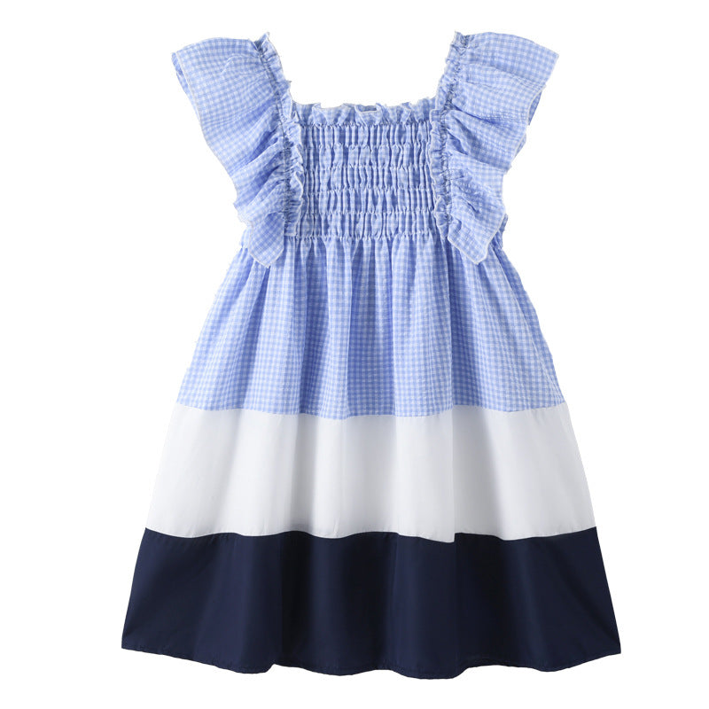 Hot Selling Summer Kids Girls French Style Color Patchwork Plaid Cotton Sleeveless Dress